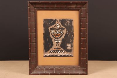 an image of a framed picture of a man with a hat on his head