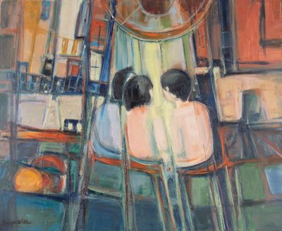 un tableau représentant deux personnes assises sur une chaise