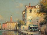 painting of a view of a canal with a building and a clock tower in the background
