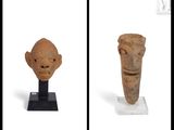 two images of a couple of clay heads sitting on top of a white surface