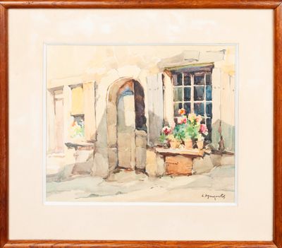 aquarelle encadrée représentant une fenêtre devant laquelle se trouve une plante en pot