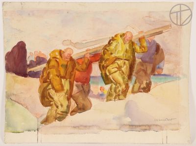 painting of a group of men carrying a boat on a beach