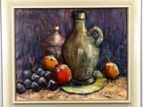 a painting of a vase and some fruit on a table