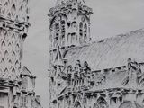 drawing of a large building with a clock tower in the middle of it