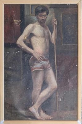 an old painting of a man with a stick in his hand