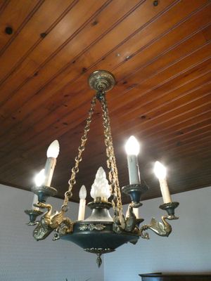 Lustre en bronze patiné et doré, à 6 branches au col de cygn…