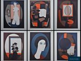 six different paintings of a woman in a mirror and a man in a bathrobe