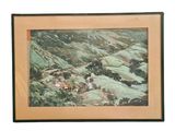 framed oil painting of a landscape of hills and trees