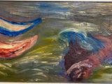 un tableau représentant deux bateaux flottant sur l'eau
