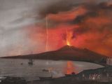 une image représentant un tableau où l'on voit un volcan au loin, avec des bateaux au premier plan