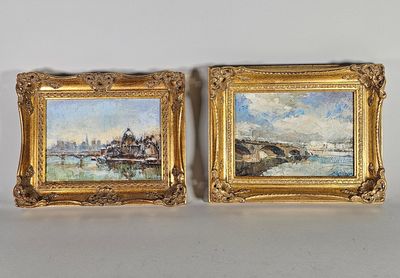 deux tableaux représentant des bateaux sur l'eau et un pont au loin