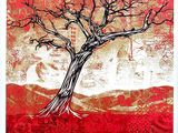 une peinture représentant un arbre sur laquelle est inscrit le mot « lonesome »