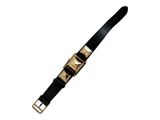 a close up of a black and gold belt on a white background