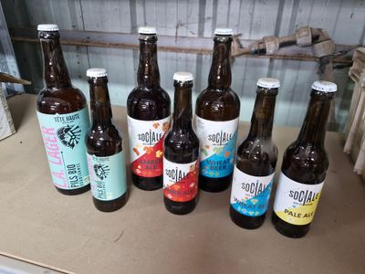 Plusieurs bouteilles de bière sont alignées sur un comptoir