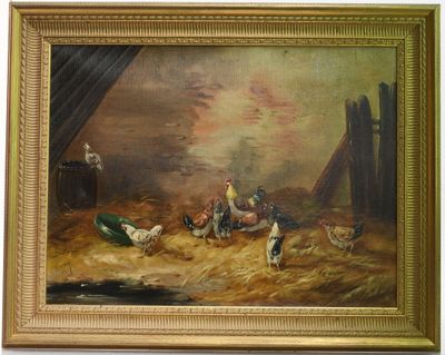 une peinture à l'huile représentant des poulets dans une grange, avec une grange en arrière-plan