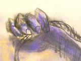 dessin représentant un cheval violet couché, la tête posée sur son dos