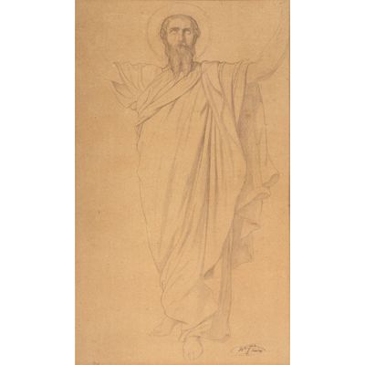 un dessin représentant un homme vêtu d'une robe et tenant un bâton