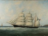 painting of a tall ship in the ocean with other ships in the background