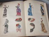 an open book with drawings of women ' s dresses and hats on it