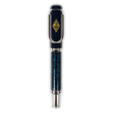 a close up of a pen with a black and gold design on it