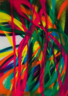 a close up of a painting of colorful lines on a wall