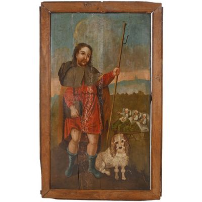 un vieux tableau représentant un homme avec un chien dans un champ