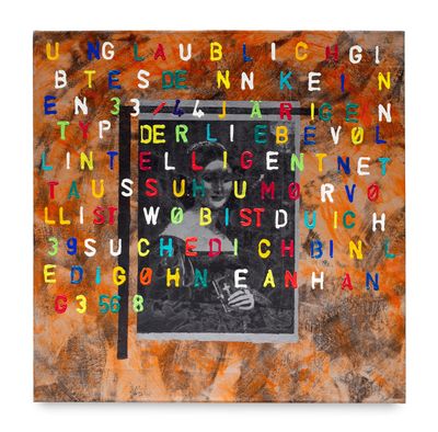 an image of a painting of a blackboard with letters on it