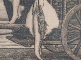 a drawing of a man sitting in a cart with a fish on it