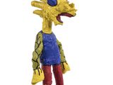 yellow and blue statue of a bird with a skateboard on a white surface