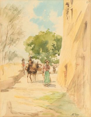 une aquarelle représentant des personnes à cheval dans la rue
