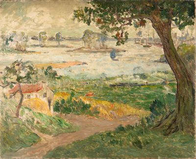 an image of a painting of a view of a town from a hill