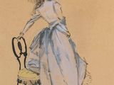dessin représentant une femme en robe bleue assise sur une chaise