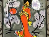 an image of a woman in a red dress holding a white umbrella