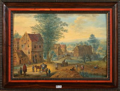 Huile sur panneau de chêne "Village animé". Suiveur de Jan II Brueghel - Photo 1