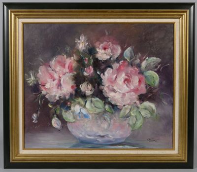 une peinture à l'huile représentant des fleurs roses dans un bol blanc posé sur une table