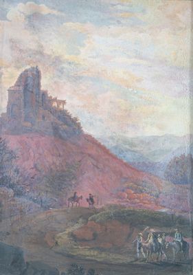 painting of a painting of a castle on a hill with people riding horses