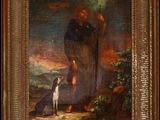 an old painting of a man and a dog in a landscape