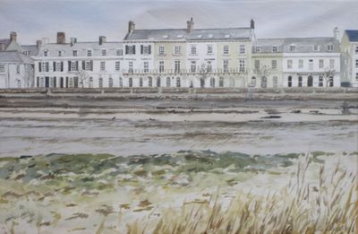 a watercolor painting of a large building on the shore