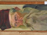 painting of an old man with a hat and glasses in a wooden frame