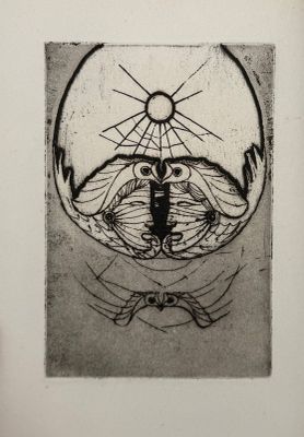 a black and white image of a drawing of a face with a sun in the background