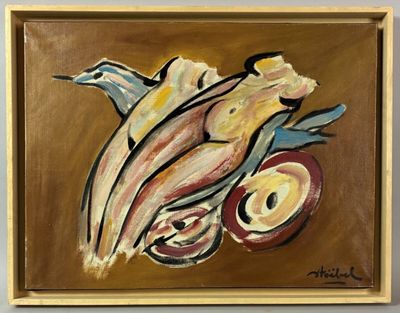 an image of a painting of bananas and apples on a brown background