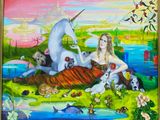 tableau représentant une femme allongée par terre, entourée de chiens et de chats
