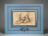 a blue picture frame with a drawing of a man and a woman