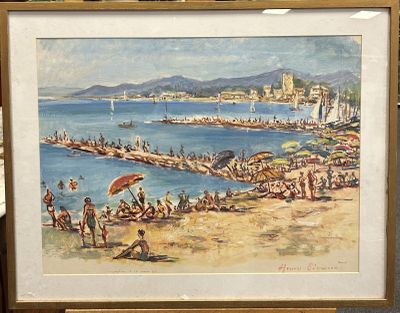 a painting of people on the beach by the water