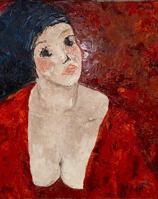 painting of a woman in a red dress with a black hat