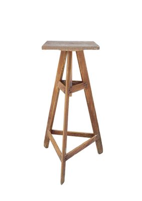 an image of a wooden stool with a wooden seat on a white background