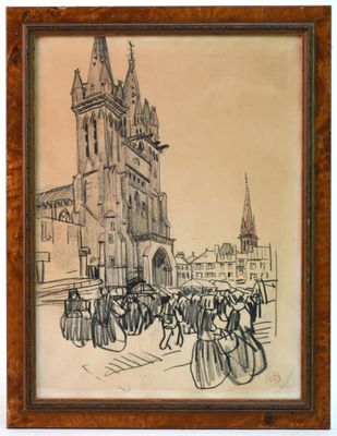 dessin représentant un groupe de personnes marchant devant une église