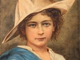 tableau représentant une femme portant un grand chapeau et un châle bleu