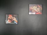 three pictures on the wall of a bathroom with a toilet