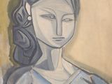 tableau représentant une femme en robe bleue, les yeux fermés